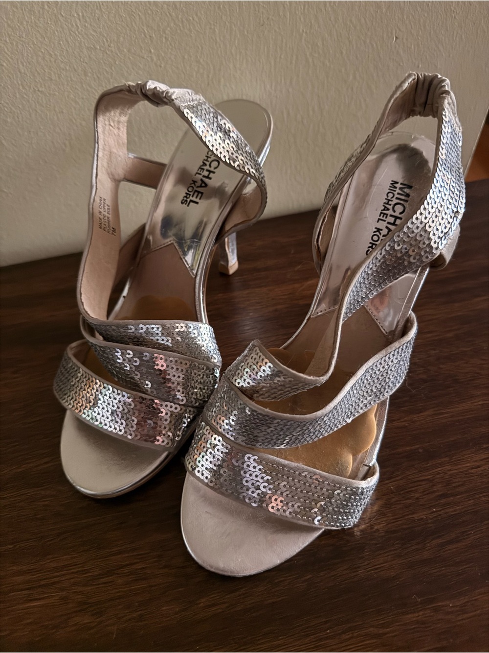 Michael Kors Silver Sequin Strappy High Heels for Women